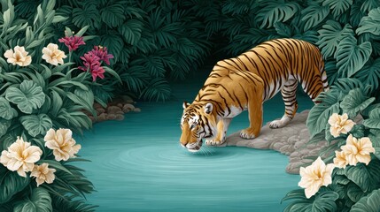 A majestic tiger drinks from a tranquil water source surrounded by lush foliage and vibrant flowers in a serene jungle setting.