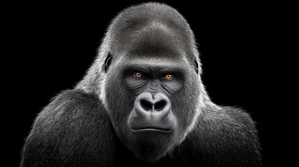 Obraz premium A striking close-up of a gorilla displaying intense facial features against a black background, showcasing its powerful presence.