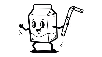 Dairy Delight: An illustration showing a cartoon milk carton and a straw. with charming expressions that bring a touch of playfulness.