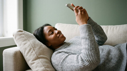 Relaxed young woman lying on sofa at home using smartphone and smiling while browsing messages in cozy living room