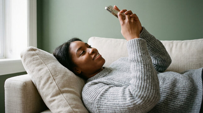 Relaxed young woman lying on sofa at home using smartphone and smiling while browsing messages in cozy living room