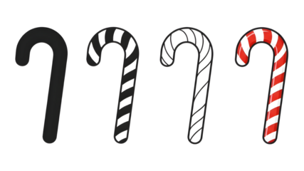 Set of four styles of candy cane icons including black silhouette striped outline and full color illustration