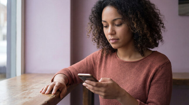 Young woman sitting alone in cozy cafe using smartphone for texting and social media while taking a quiet break by window