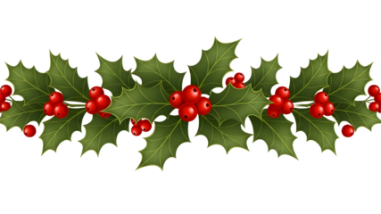 Seamless decorative border of green spiked leaves and bright red berries illustration isolated on transparent background for season header design.PNG