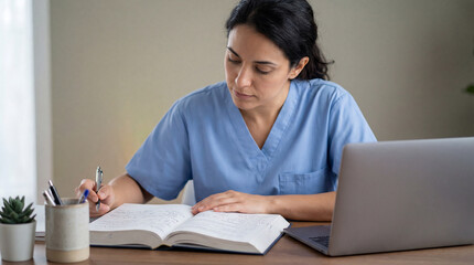 Focused healthcare worker in blue scrubs studying medical notes at desk with laptop in quiet home office environment