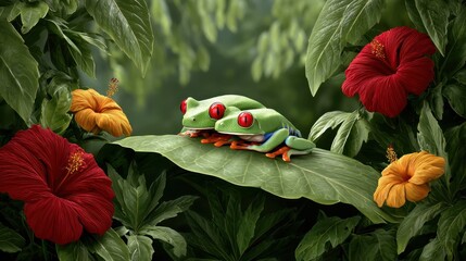 Three vibrant red-eyed tree frogs rest on a large leaf surrounded by lush green foliage and colorful hibiscus flowers in a tropical setting.
