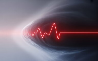 Abstract depiction featuring a red waveform against a blurred background with light and shadow