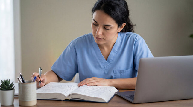Focused healthcare worker in blue scrubs studying medical notes at desk with laptop in quiet home office environment - Powered by Adobe