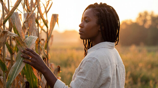 Thoughtful young woman standing in a sunlit cornfield at golden hour, gently touching leaves and reflecting in peaceful nature