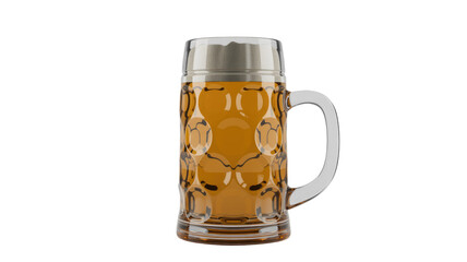 A traditional clear glass Bavarian beer stein filled with golden ale, featuring a dimpled pattern and a metal lid, ready for Oktoberfest. background removed