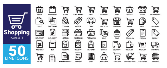 Shopping line icons set, collection of 50 outline style vector symbols for web, mobile, and print design
