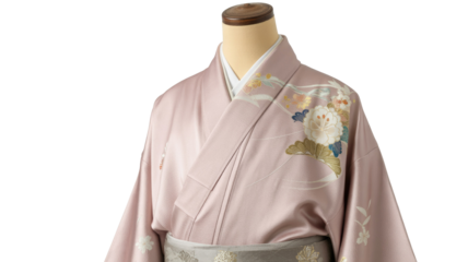 A beautiful light pink Japanese kimono with intricate floral and fan motifs, featuring gold, white, and blue accents, displayed on a mannequin. background removed