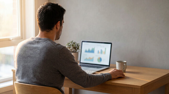 Man working remotely at home using laptop with financial graphs on screen near window and coffee mug in minimalist workspace