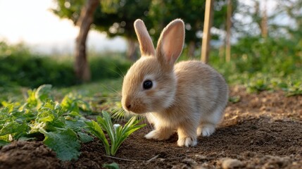 Fototapeta premium A cute rabbit sits on the ground, surrounded by greenery, enjoying a peaceful moment in a natural setting.