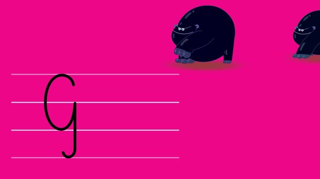 G letter writing like gorilla cartoon color animation. A part of the alphabet serie. Handwriting educational style for children. Good for education movies, presentation, learning alphabet, etc...