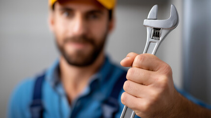 Faceless plumber with wrench and pipe for repair service or fix in home maintenance or indoor leak work, young male handyman or plumbing professional with tool for water or sink da