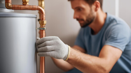 Faceless plumber wearing gloves installing new water heater and connecting copper pipes in utility room, professional plumbing work, home improvement and repair services concept, d