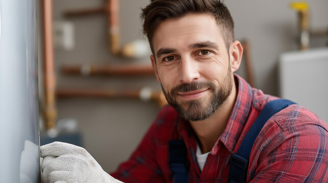Faceless plumber wearing gloves installing new water heater and connecting copper pipes in utility room, professional plumbing work, home improvement and repair services concept, d