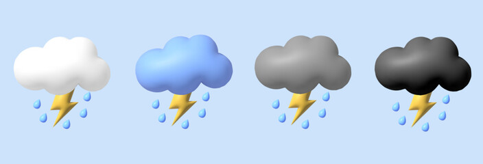 3D rainy cloudscape set featuring storm clouds, lightning bolts, and falling rain, illustrating multiple stages of a thunderstorm. Vector illustration