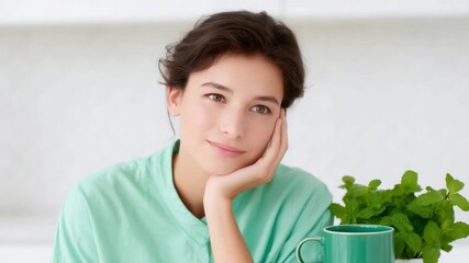 This video footage captures a woman lost in thought at home. Ideal for wellness or lifestyle themes. Use it to convey tranquility and introspection. Generative AI