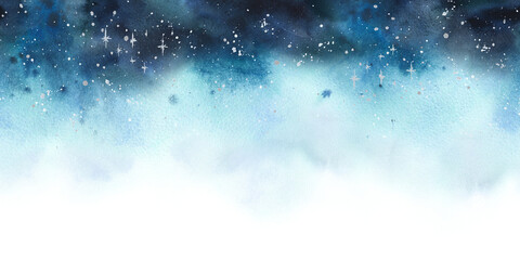 Obraz premium Watercolor star sky with sparkling dust and snowfall. Winter night wonderland washes texture. Festive Christmas, New Year background for greeting card. Hand drawn seamless border pattern illustration