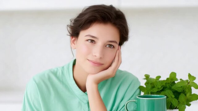 This video footage captures a woman lost in thought at home. Ideal for wellness or lifestyle themes. Use it to convey tranquility and introspection. Generative AI