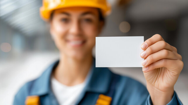 Mockup for repair services with faceless contractor holding blank card in construction site setting, service business presentation, professional tradesperson advertising, maintenan