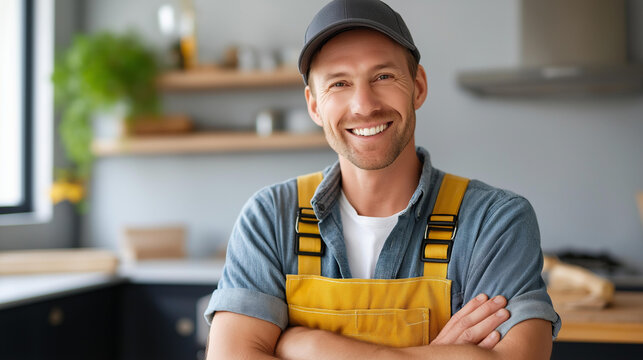 Faceless smiling handyman poses in modern kitchen with tools and materials for home improvement tasks, professional repair service, residential renovation work, equipped tradespers