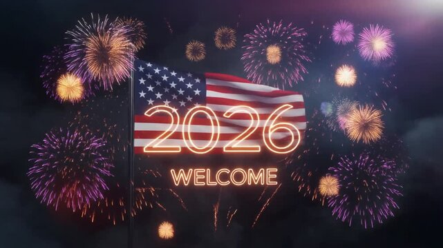 American flag waves with fireworks welcoming the new year 2026 celebration