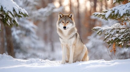 A solitary wolf sits gracefully in a snowy forest, surrounded by evergreen trees, embodying strength and beauty in a serene winter landscape.