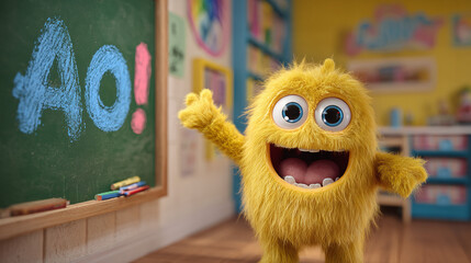 A cheerful, yellow monster in a classroom welcomes the viewer with a friendly wave. In the background a chalkboard