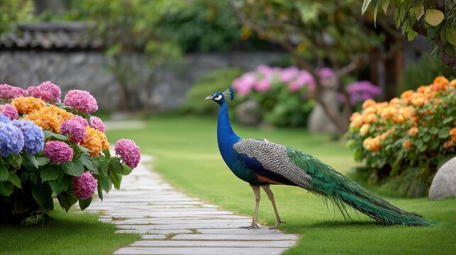 A vibrant peacock walks along a stone path in a colorful garden filled with blooming flowers. - Powered by Adobe