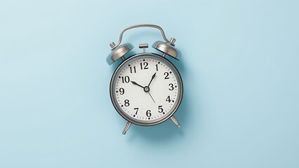 Classic alarm clock flat lay on pastel blue background
