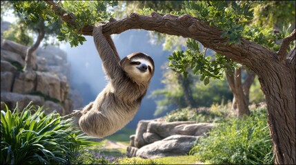 Obraz premium A charming sloth hangs from a tree branch, surrounded by lush greenery and soft lighting, capturing a serene moment in nature.