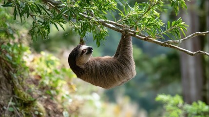 Obraz premium A sloth hangs lazily from a tree branch, surrounded by lush green foliage, exemplifying its slow and relaxed lifestyle in a vibrant natural habitat.