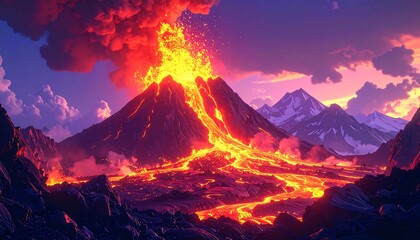 Fiery volcanic eruption scene featuring flowing lava, smoke, and distant snow-capped mountains against a colorful sky
