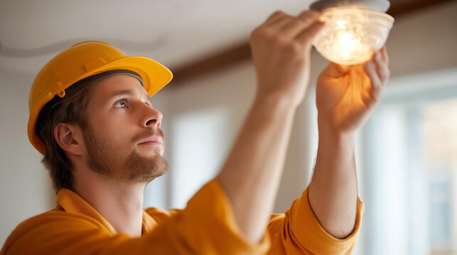 Faceless professional electrician installing ceiling light fixture, safe and reliable electrical services, residential lighting installation, home improvement work, professional wi