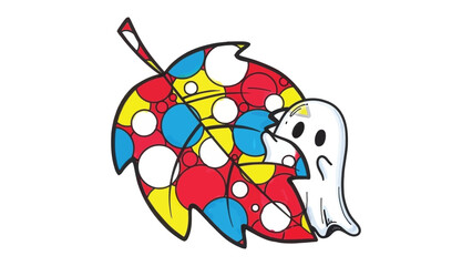 Colorful leaf and Ghost: A cheerful cartoon ghost playfully hides among a vibrantly colored leaf, where the patterns, red, yellow and blue, evoke feelings of fun and celebration. 