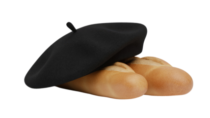 A classic black beret rests playfully on two golden mini baguettes, evoking a charming French culinary and fashion stereotype. background removed