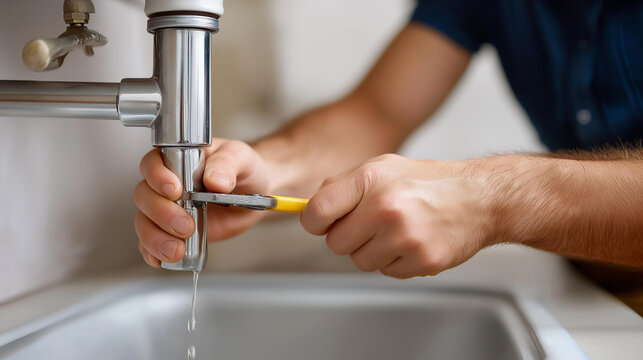 Faceless professional plumber fixing leaky pipe under kitchen sink with wrench, home maintenance and repair service concept, residential plumbing work, water leak repair, defocused