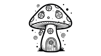 Whimsical Mushroom Home: A captivating illustration of a charming mushroom house, a whimsical dwelling perfect for fairy tales, adorned with intricate details and inviting design.