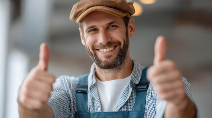 Faceless smiling handyman gives thumbs-up gesture near residential garage, happy worker shows approval satisfaction with job, positive attitude, home improvement construction repai