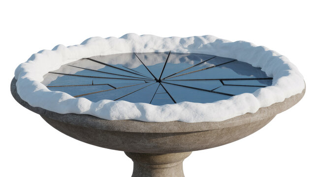 A snow-covered stone bird bath features a basin of beautifully cracked ice radiating from its center, against a clear transparent background. background removed
