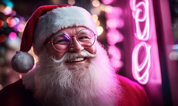 The joyful Santa Claus is happily celebrating the Holiday Season surrounded by colorful and festive lights everywhere