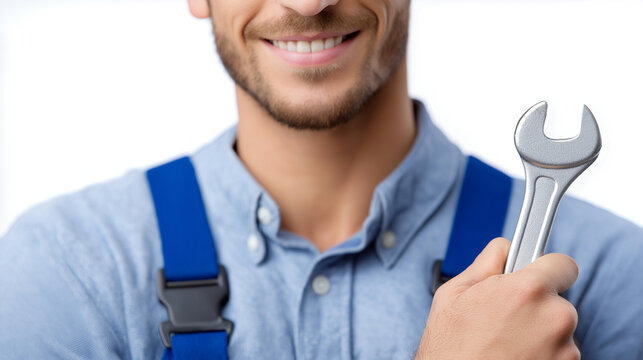 Faceless smiling male mechanic holding adjustable wrench in blue overalls isolated on transparent background, professional repair worker, maintenance service provider, PNG graphic