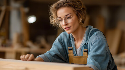 Faceless skilled female carpenter assembling modern kitchen cabinet, ideal for home renovation content, DIY magazines, professional services advertisement, gender equality in trade