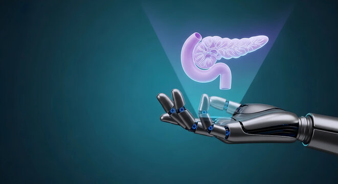 Futuristic robotic hand holding glowing hologram of human pancreas for medical AI technology concept
