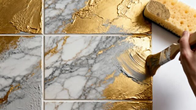 Artist skillfully applies sponging technique to create textured faux marble finish on wall panel in bright studio setting. Close focus on brush and sponge tools.