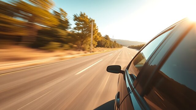 A car speeds down a sunlit highway, capturing the essence of freedom and motion.