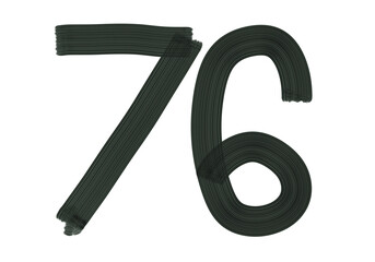 Number Seventy-six, 76 made with Plaster Rake Brush on transparent background, Digit, Black color, Dark-green color, isolated background, Illustration, Typography, Handmade, Set 0-100